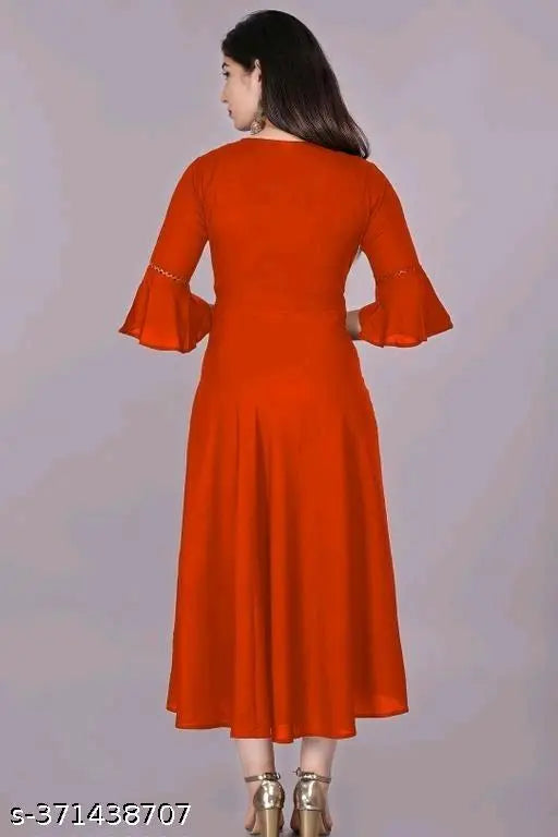 Red rayon straight kurta with three-quarter sleeves, solid design for women on mannequin