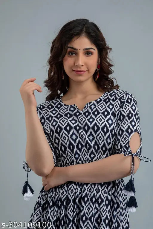 Viscose rayon, printed combo women's tassel anarkali, three-quarter sleeves. Indian branded fashion." (123 characters)