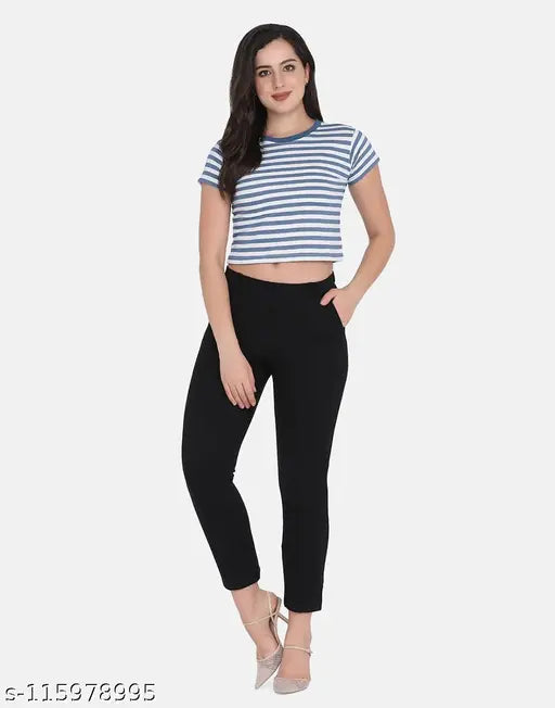 Striped cotton blend crop top T-shirt for women, trendy western wear with short sleeves