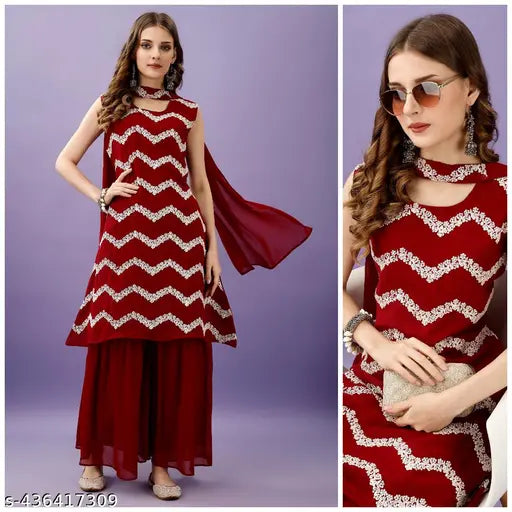 Georgette embroidered Kurta Sharara set with dupatta, single size S-XXXL. Indian handcrafted traditional outfit on display