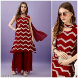 Georgette embroidered Kurta Sharara set with dupatta, single size S-XXXL. Indian handcrafted traditional outfit on display