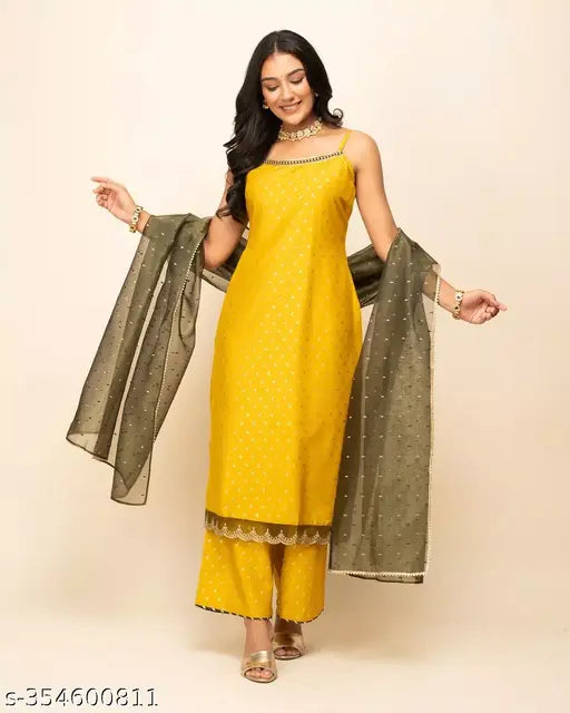 Yellow silk blend straight kurta with palazzo and dupatta set, featuring sleeveless, round neck, and calf length design. Pack of 3 sizes available for festive occasions. Indian-made silk blend fabric