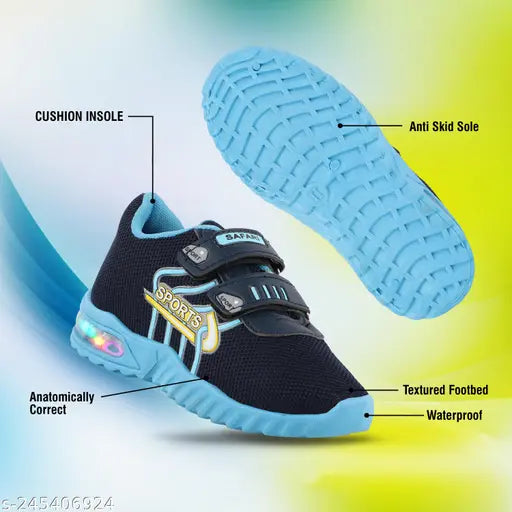 Blue mesh and PVC Unisex kids running shoes with LED light, stylish design by ROTATION