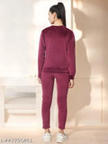 Women's Winter Wine Color Velvet Track Suit Set with Sweashirt and Pyjama: Soft, cozy velvet nightwear for women & girls, ideal for chilly nights. Fancy designed, long-lasting, and comfortable for a stylish, sensual look. Perfect gift option, originates from India