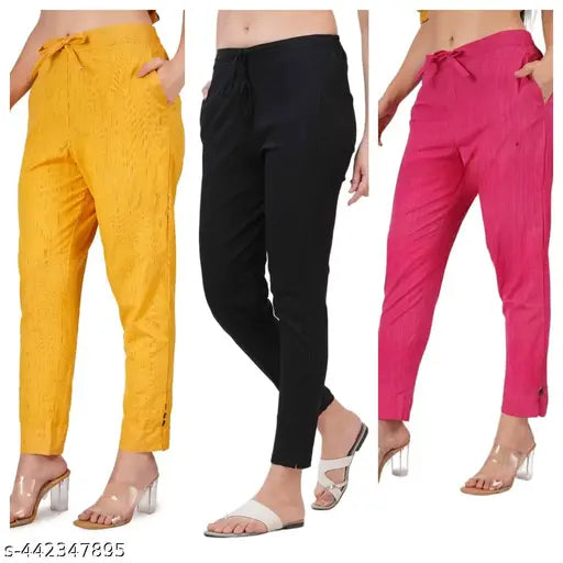 Cotton blend solids: 3-piece trousers set - yellow, pink, black, versatile daily wear