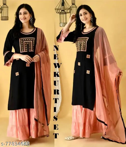 Rayon Alisha Ensemble Women's Dupatta Set with Sharara, embroidered net, 3/4 sleeves, 4XL size, Indian origin