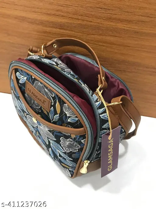 Trendy ikkat fabric sling bag, 3 compartments, washable crossbody/messenger for college and office use. Imported PU foam handles, Indian origin