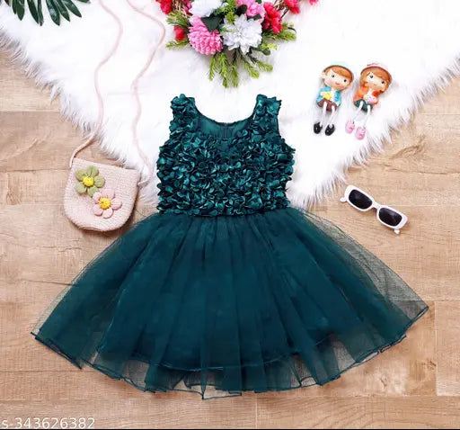 Dark blue floral embellished net sleeveless frock for girls aged 1-9 years, perfect for birthdays or special occasions
