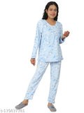 Sky blue Pollo Loco women's lightweight wool winter heart print night suit set with long sleeves, perfect for lounge sleepwear and daily life comfort. Cozy, wrinkle/shrink-free fabric, ideal gift for special occasions like Mother's Day or Christmas. Made in India