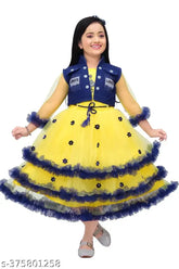 Gold net gown with intricate flower work, three-quarter sleeves and round neck - Indian party wear for girls aged 4-10 years