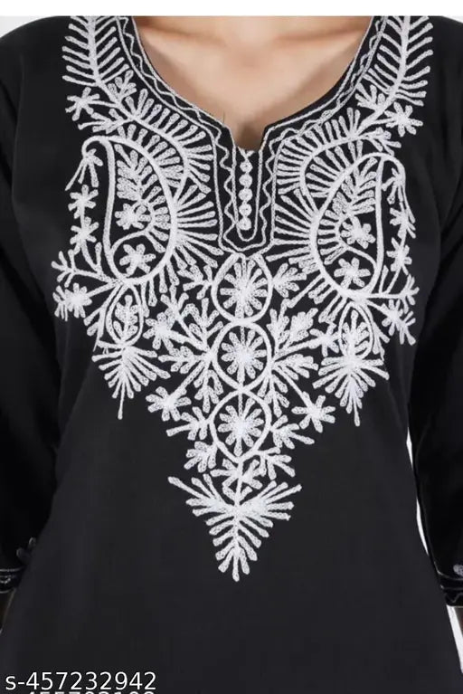Shreya Stylish New Design winter wear, embroidered Kashmiri woolen kurti/kurta in three-quarter sleeves. Multicolor, trendy, attractive and comfortable for women & girls. Made in India