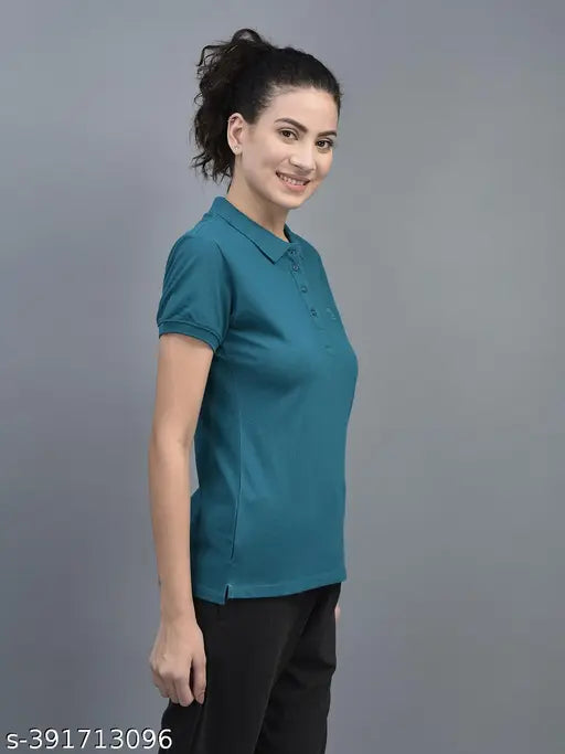 Teal cotton blend solid polo neck t-shirt for women, perfect athleisure wear