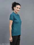 Teal cotton blend solid polo neck t-shirt for women, perfect athleisure wear