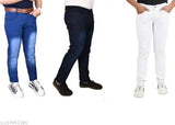 Designer creation denim jeans for men, solid indigo-washed, three pieces: 28, 30, 32, 34, 36 waist sizes
