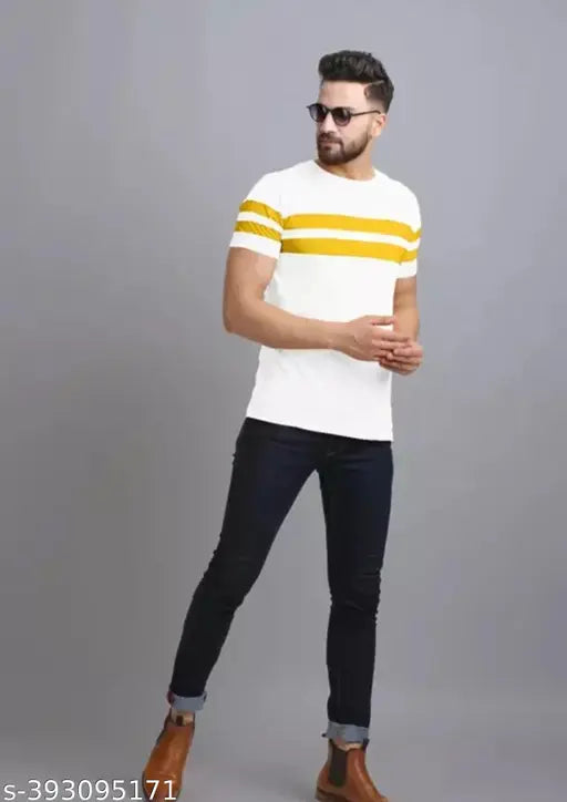 Men's cotton blend striped round neck t-shirt, short sleeves, trendy and stylish