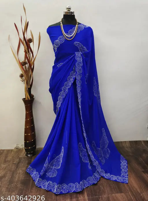 Golden Georgette Diamond Work Fancy Saree, embellished with applique patterns, ideal for parties or traditional events. Single piece, free size (5.5m saree length). Origin: India