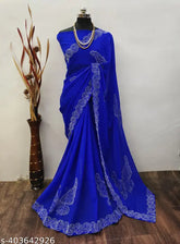Golden Georgette Diamond Work Fancy Saree, embellished with applique patterns, ideal for parties or traditional events. Single piece, free size (5.5m saree length). Origin: India