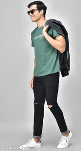 Men's black knee-cut denim jeans, premium quality, stylish fit from Best4U Present