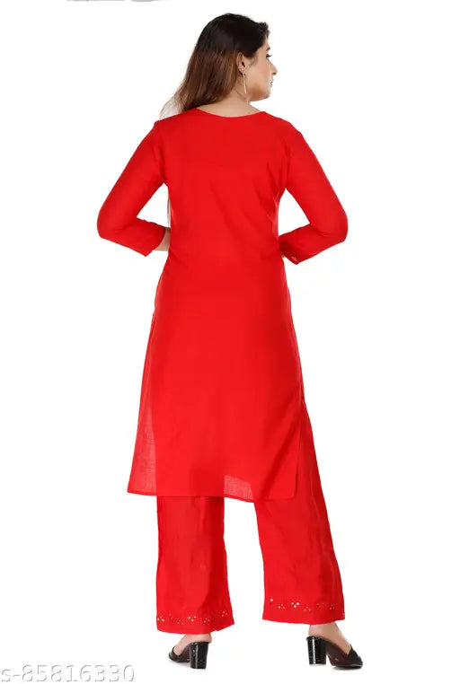 Rayon red embroidery kurta set with palazzos, traditional Indian wear for women