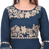 Rayon women's Mehndi-code embroidered long kurta, three-quarter sleeves, round neck. India-origin ethnic Indian wear