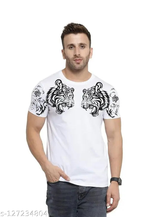 White cotton round neck T-shirts with 2 lion prints, ultra-soft & stretchable, India-made