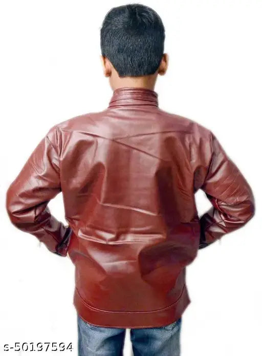 Boys maroon leather jacket & coat, solid pattern, long sleeves, 1 pack, size range 2-15 years