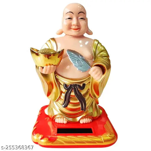 Gold moving head Solar Laughing Buddha idol with ingot and waving fan, symbolizing health, wealth, and prosperity