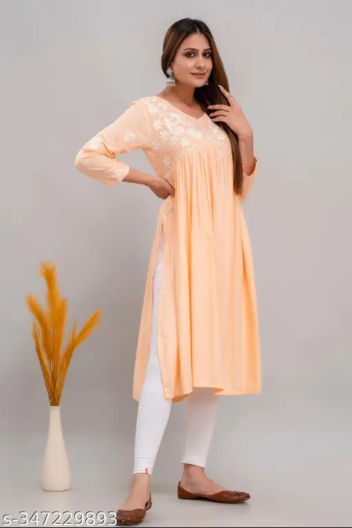 Rayon Lucknowi Chikan embroidered Alia cut kurti for women, three-quarter sleeve, chikankari pattern, size S to XXL, India origin