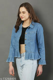 Stylish denim jacket for women, solid color, long sleeves, women's fashion wear on hanger