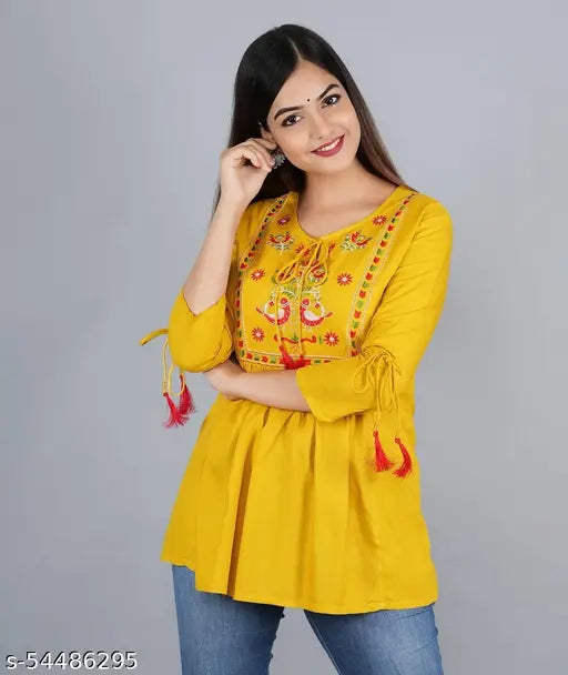 Rayon three-quarter sleeve women's embroidered kurti, printed combo for festivals or parties. Indian-made top with S size bust 36in and XXL size bust 44in