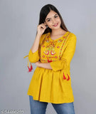 Rayon three-quarter sleeve women's embroidered kurti, printed combo for festivals or parties. Indian-made top with S size bust 36in and XXL size bust 44in