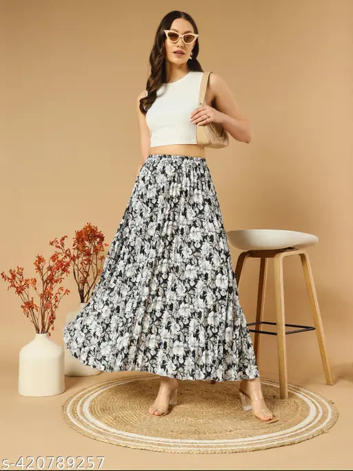 Floral print crepe A-line long skirt, timeless elegance on sunny days, size 26/38 in/hip