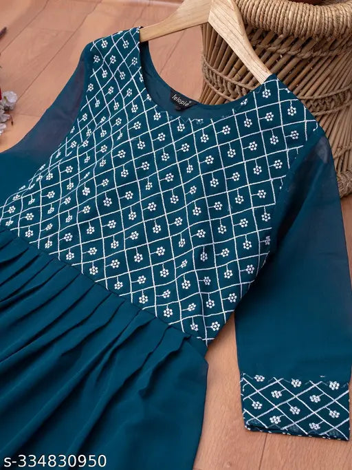 Embroidered Georgette Anarkali Kurti for Women & Girls, 3/4 sleeves, hand wash, casual occasion