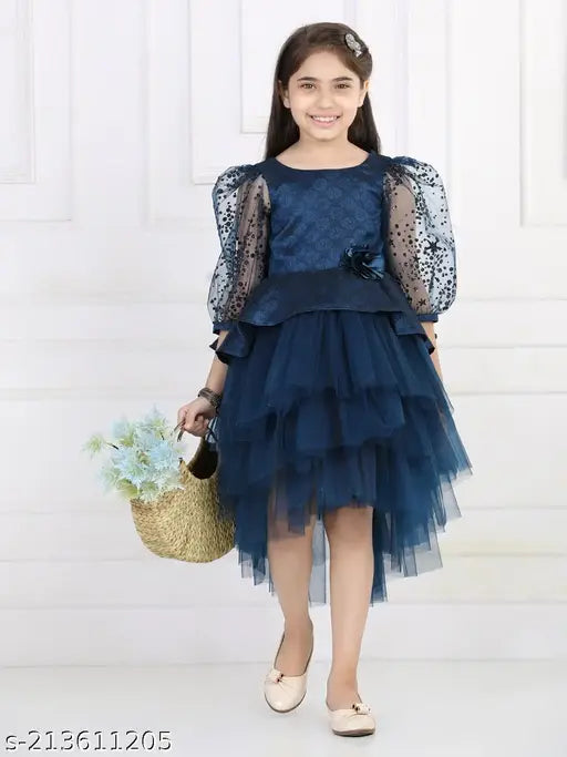 Navy blue net hilow dress with embellished bodice, for 1-2 year old girls party wear, Indian origin