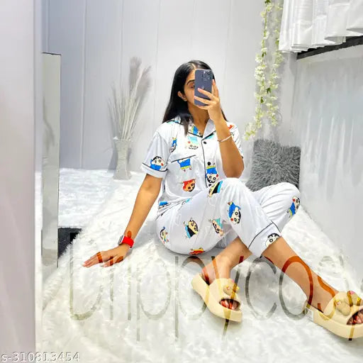 Cartoon print silk blend ladies night suit, Indian-made sleepwear set featuring shirt, pyjamas, and shorts for luxurious comfort in M, L, XL, XXL sizes