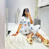 Cartoon print silk blend ladies night suit, Indian-made sleepwear set featuring shirt, pyjamas, and shorts for luxurious comfort in M, L, XL, XXL sizes