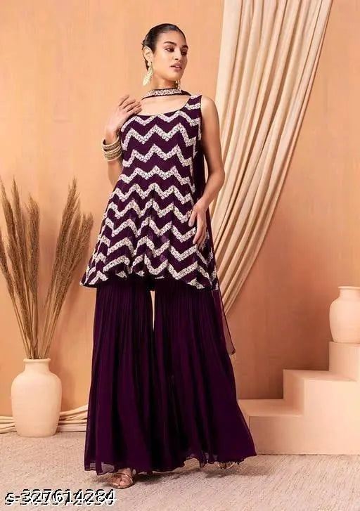 Wine-embroidered Georgette round neck sleeveless kurta sharara set for women, intricately embellished Indian fashion on display