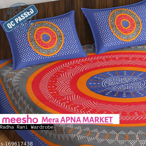 Jaipuri cotton bedsheet with 2 pillow covers, navy blue and ethnic motifs for AC room decor
