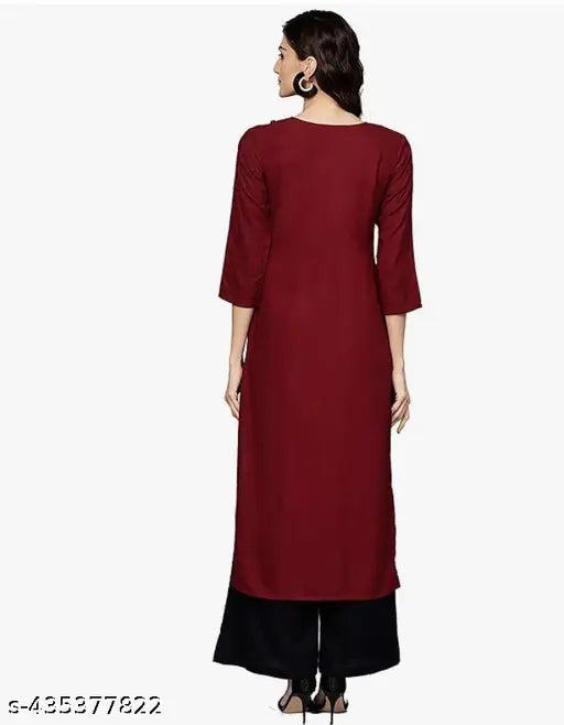 Maroon rayon kurta with black palazzo, embroidered net design - Indian fashion for women and girls