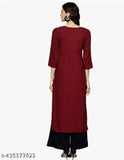 Maroon rayon kurta with black palazzo, embroidered net design - Indian fashion for women and girls