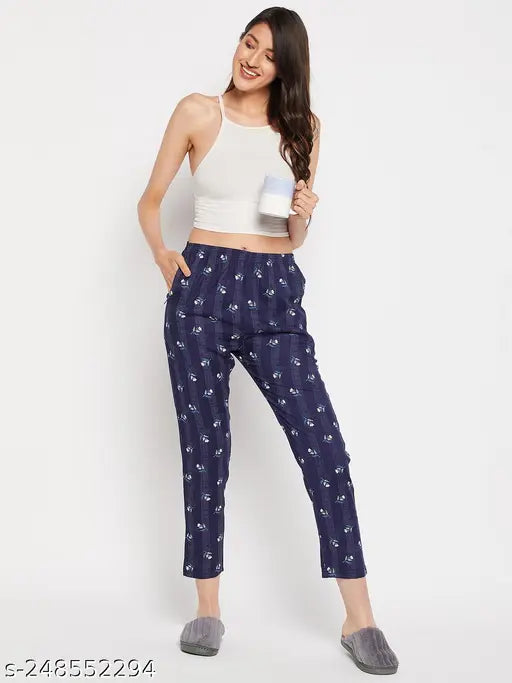 navy blue printed rayon cotton maxi length women's straight pyjama, First Krush on hanger