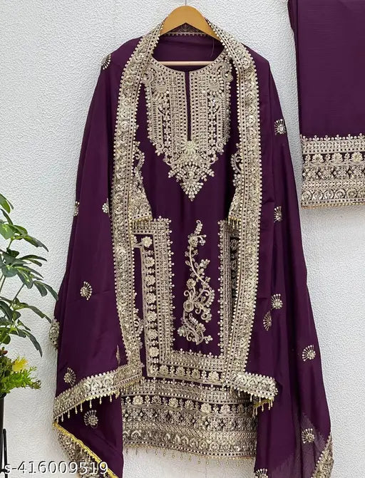 New designer pure Chinnon silk heavy suit set with plazzo and dupatta, embroidered in 5mm sequence & coding dori work. Silk kurta with long sleeves, micro cotton inner, 43-44 inch length