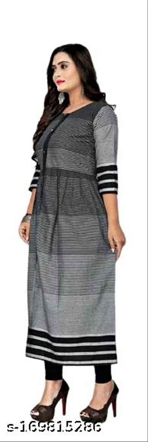 Black cotton 3D striped gown, three-quarter sleeves, Indian kurti for daily wear