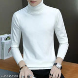 Wool high neck t-shirt for men, solid color, long sleeves, M (27in length, 38in hip), India origin
