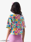 White crepe short sleeve printed T-shirt for women, featuring ABCD typography in multiple colors: pink, blue, orange, green, yellow