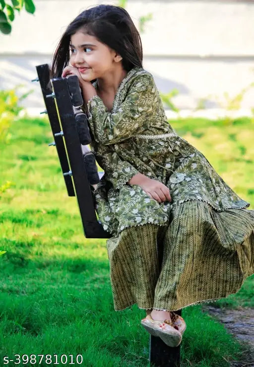 Cotton anarkali kurti sharara & dupatta set, floral print with Gota lace, for kids aged 3-14 years