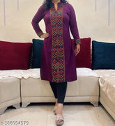 Woolen winter kurti with Kullu patti design, perfect for office wear, solid color, India-made