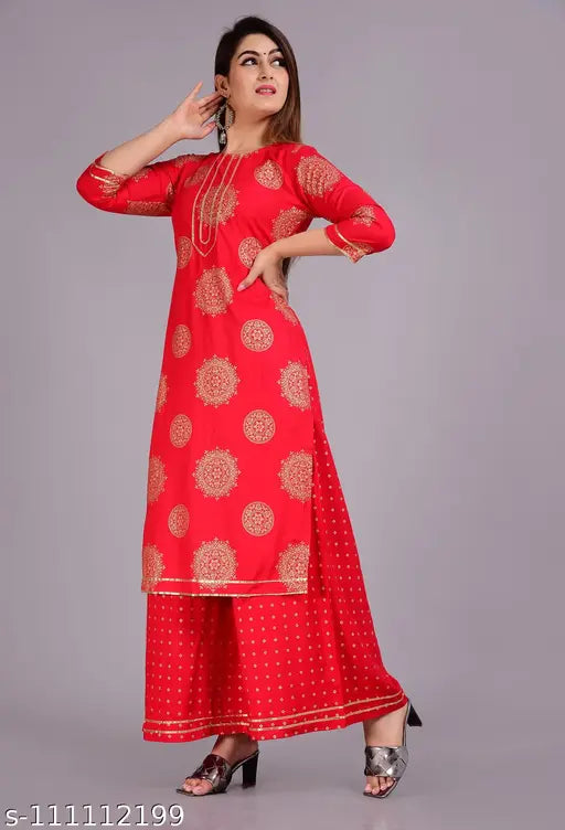 Rayon Emperus Women's Kurta Palazzo Suit Set, three-quarter sleeves, printed net, India origin
