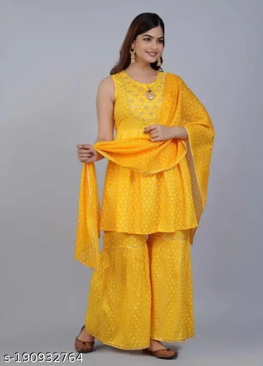 AI Yellow Mulmul Kurta Set with Dupatta and Bottomwear, printed and embroidered cotton, sleeveless. Pack of 3 in XL & XXL sizes. Made in India