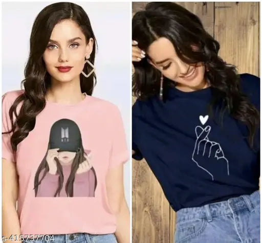 Round neck cotton t-shirts pack of 2 for women and girls, stylish combo with printed design, India origin